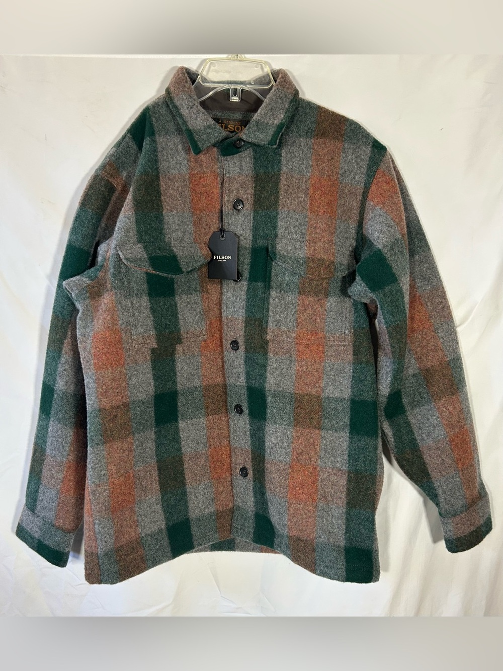 NWT FILSON MACKINAW WOOL HEAVY DUTY JAC-SHIRT PLAID GREEN ORANGE BUTTON UP MEN M